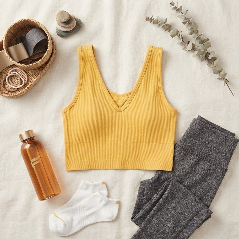 Fabletics Yellow Ribbed Seamless V-Neck Crop Top Activewear Tank *Flaw*